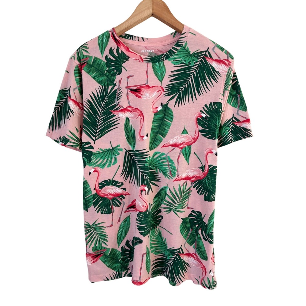 Old Navy Womens Pink Flamingo Palm Tropical Print Soft Washed T-Shirt Small